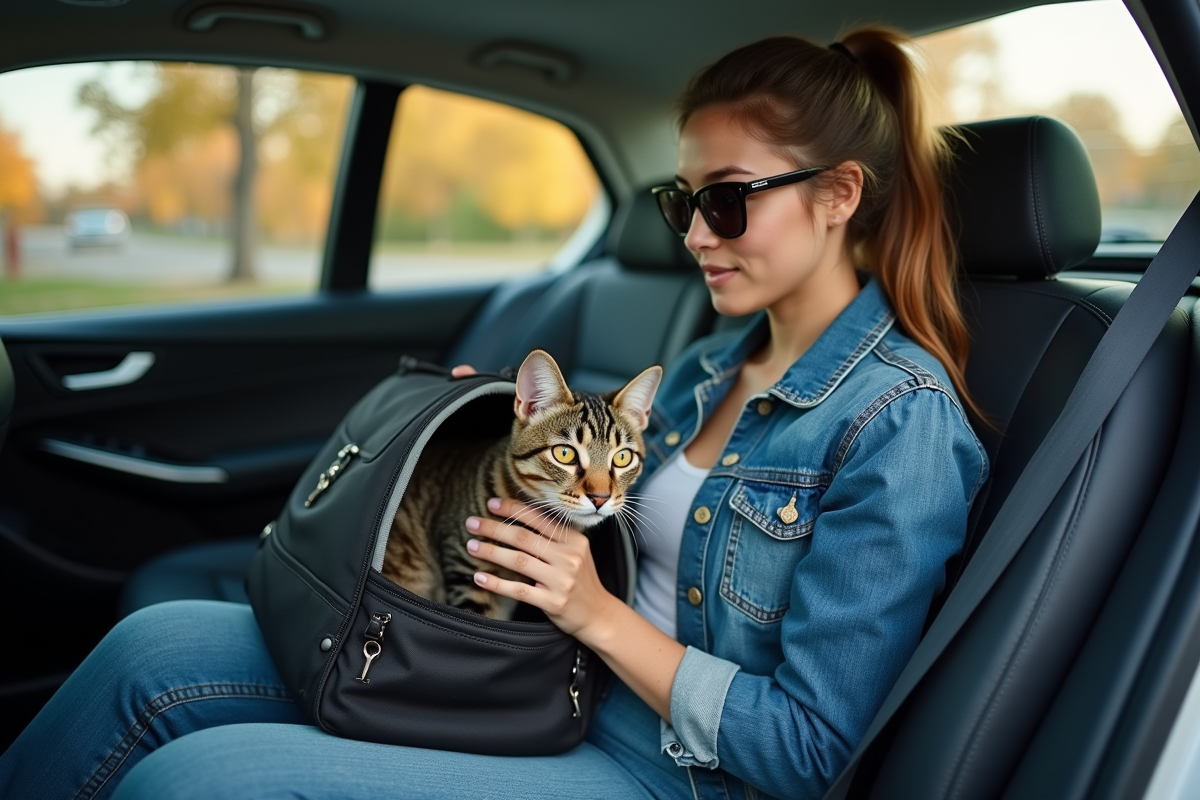 Jeune femme en voiture avec son chat dans une cage