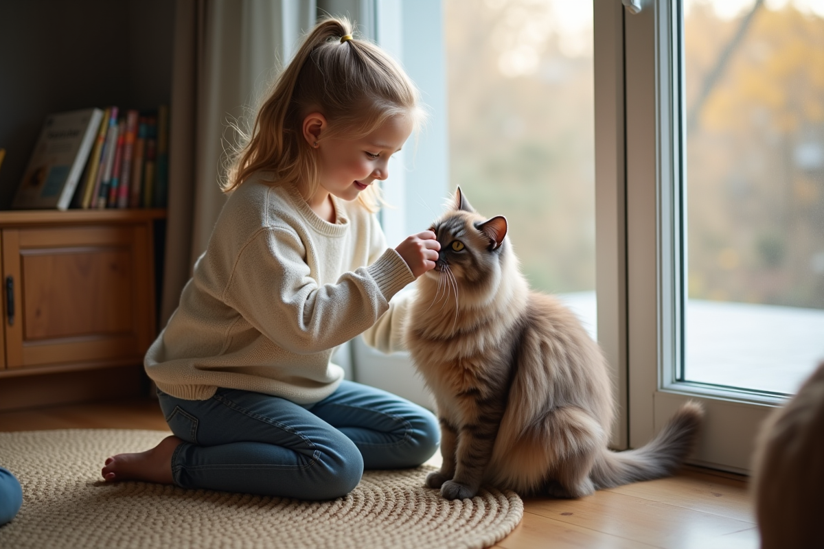 Jeune fille brossant son chat près d