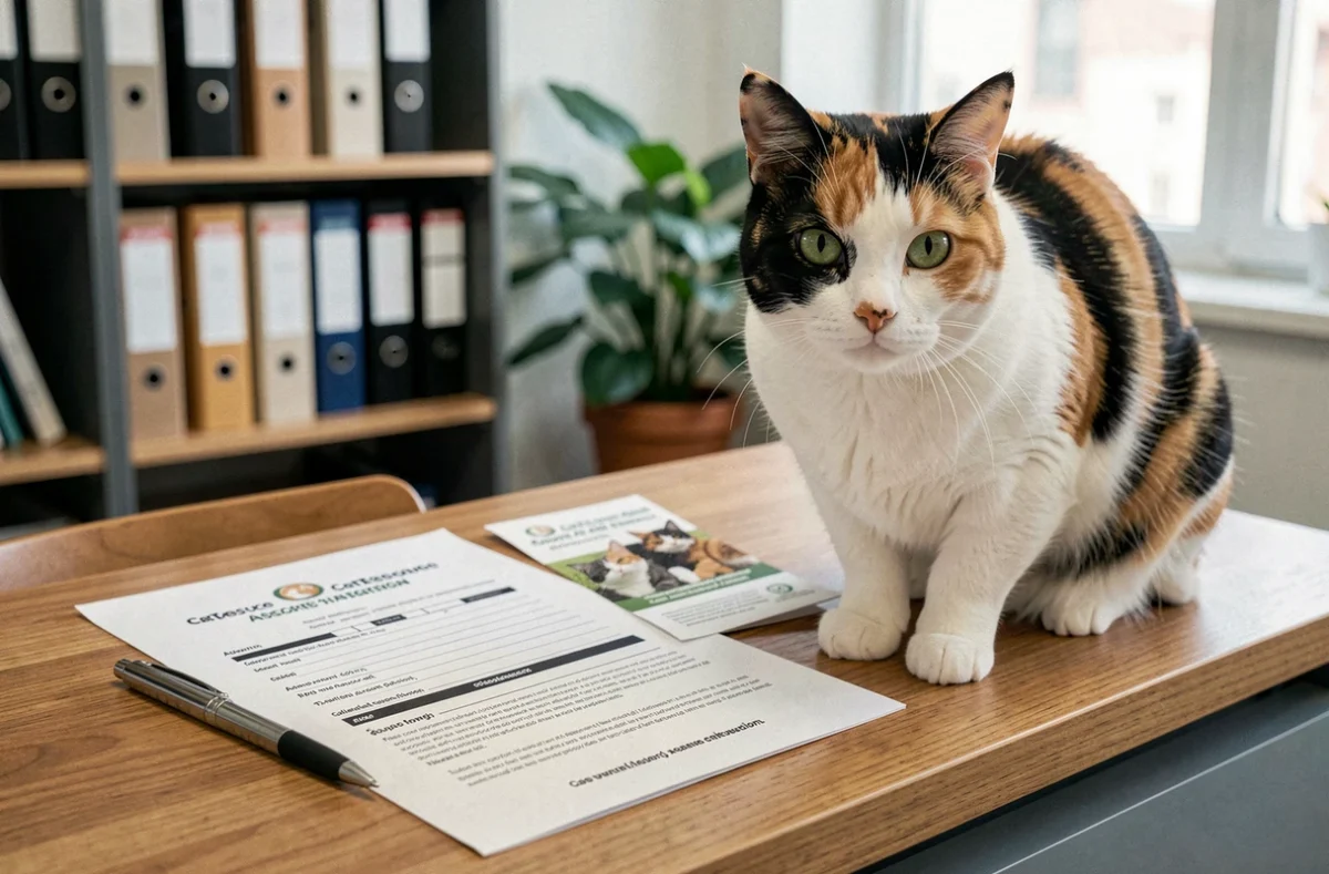 Formulaire d'abandon de chat posé sur un bureau d'association avec un chat calico assis à côté