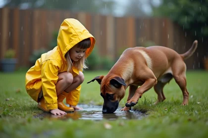 Jeune fille en imper jaune avec chien dans la pelouse après pluie