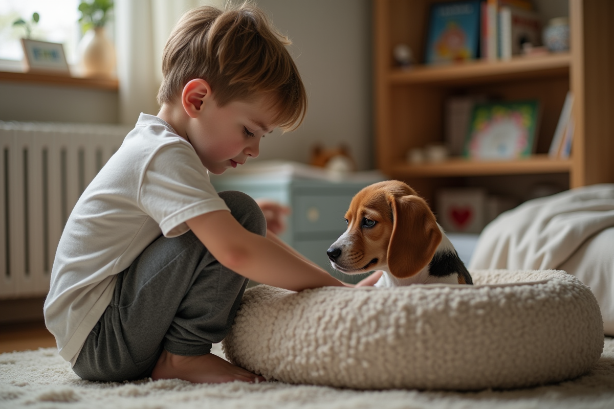 Garçon tute un petit beagle dans sa chambre