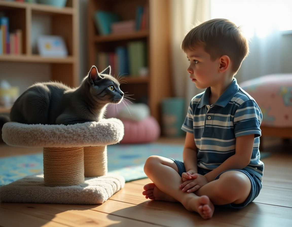 Garçon observant respectueusement un chat Bleu Russe depuis une distance sécurisée dans une chambre d'enfant