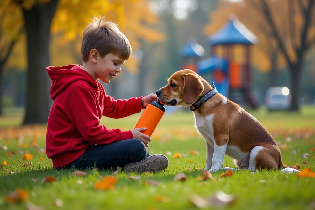 Garçon donnant à boire à son chien dans un parc verdoyant