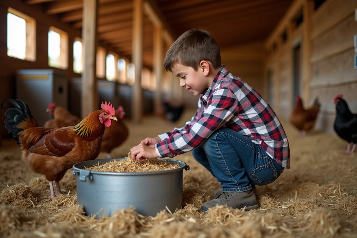 Jeune garçon remplissant un mangeoire à poules dans le poulailler