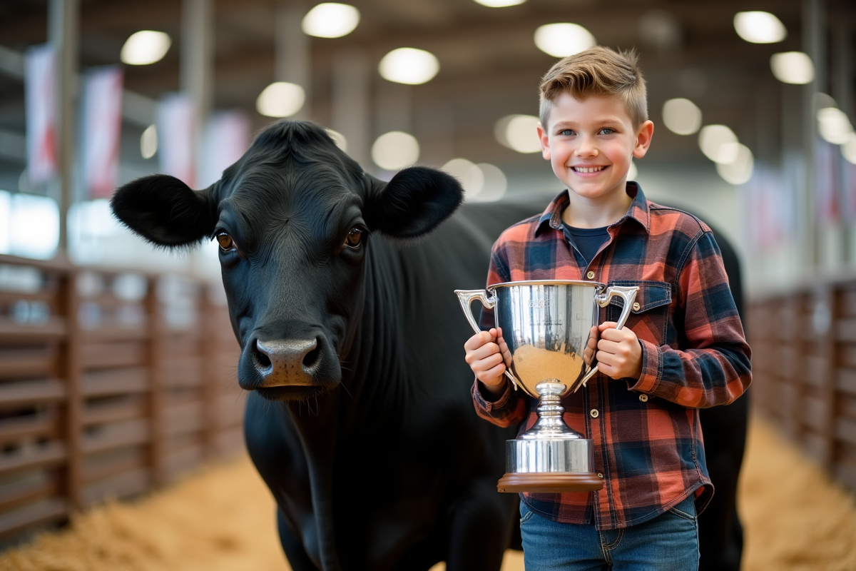 Adolescent avec trophée et vache Angus dans hall agricole