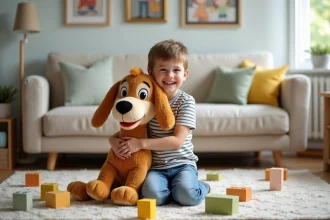 Garçon de six ans joue avec un chien en peluche dans le salon