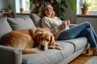 Grand chien golden retriever sur un grand lit pour chien dans un salon cosy