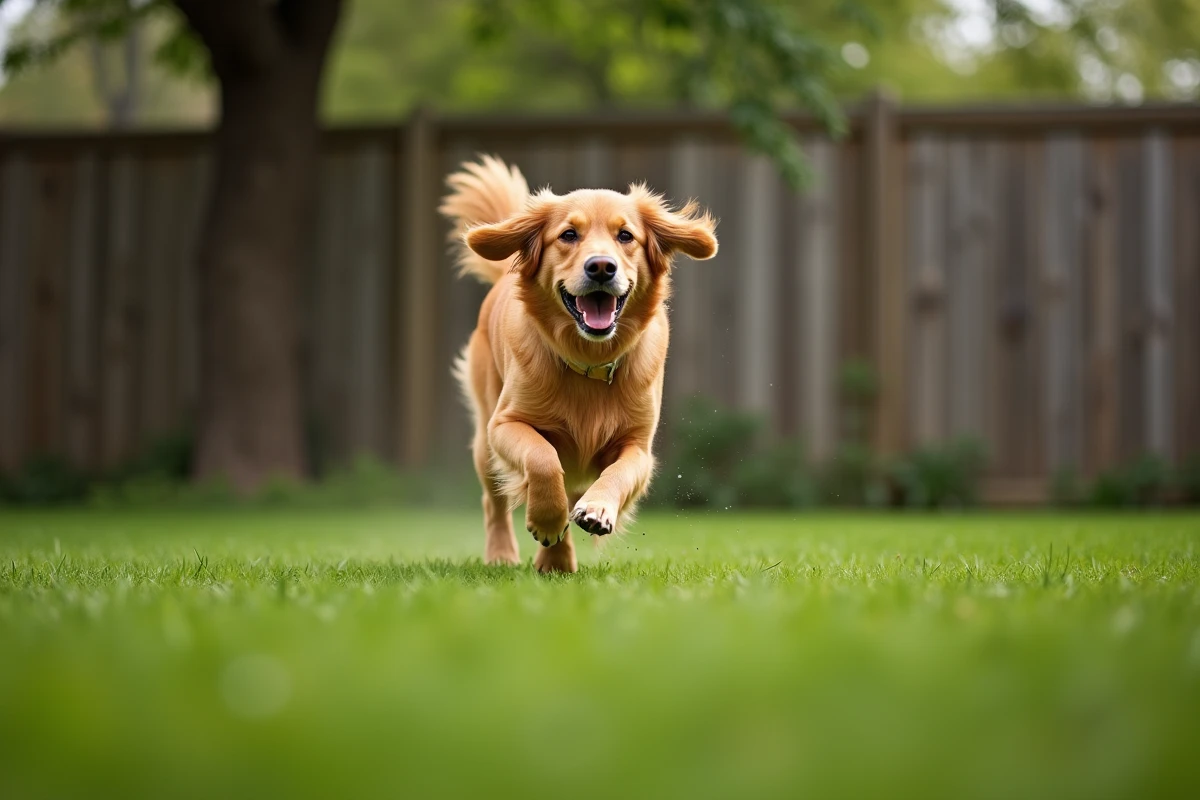 Golden Retriever au pelage doré courant dans un grand jardin résidentiel avec pelouse verte