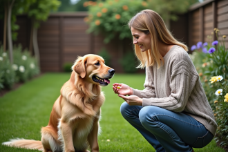 Chien retriever doré avec femme dans le jardin