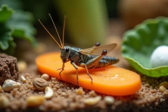 Gros plan macro d'un grillon vivant mangeant une tranche de carotte dans un vivarium avec substrat de fibre de coco