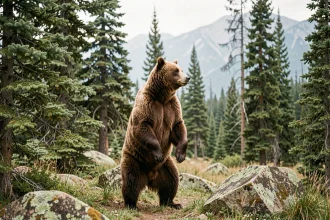 Grizzly adulte debout sur ses pattes arrière en lisière d'une forêt de conifères dans le parc de Yellowstone, illustrant l'habitat naturel de l'ours grizzly
