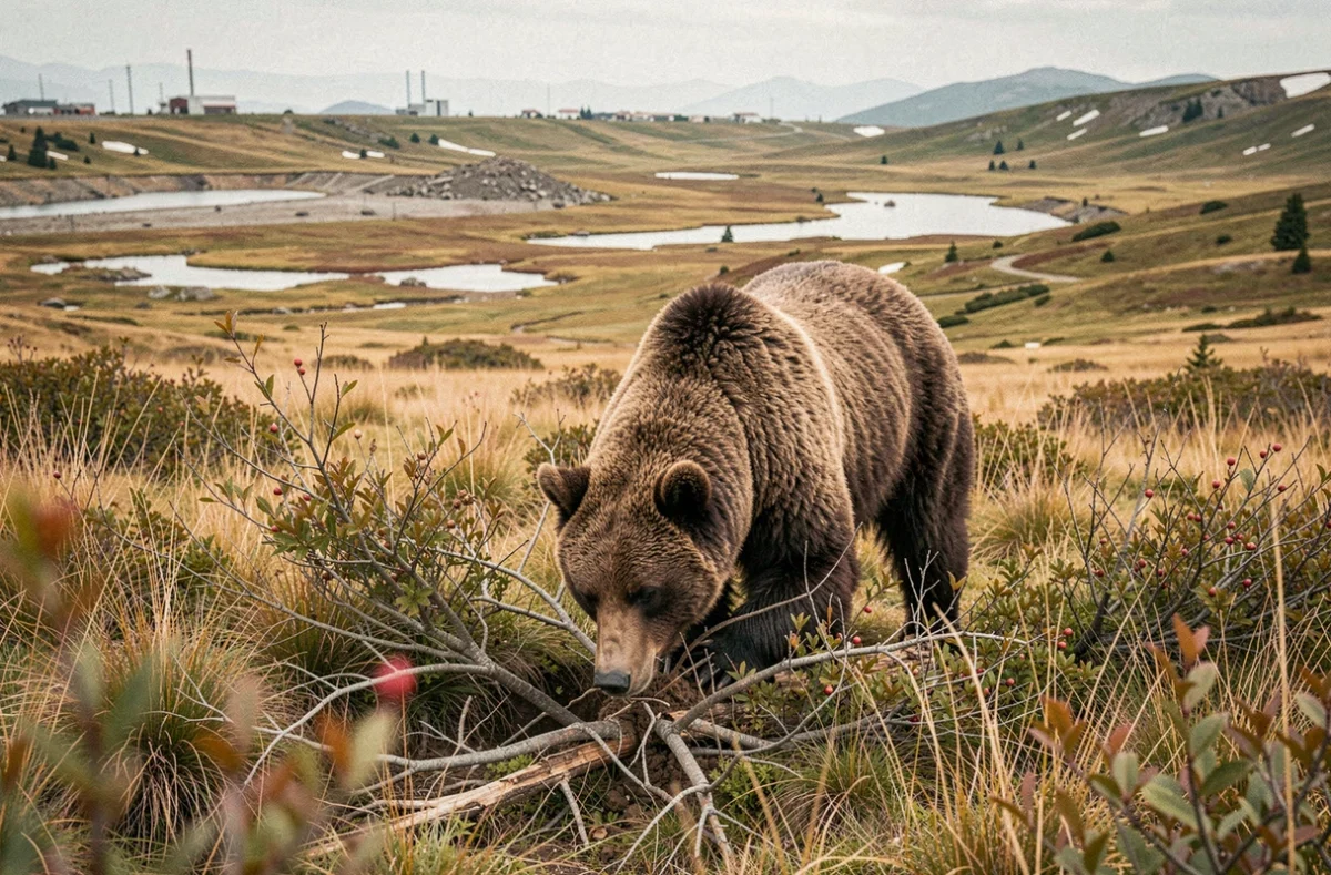 Ours grizzly seul dans une prairie alpine fragmentée avec des infrastructures humaines visibles en arrière-plan, illustrant le recul de l'habitat du grizzly face à l'expansion humaine