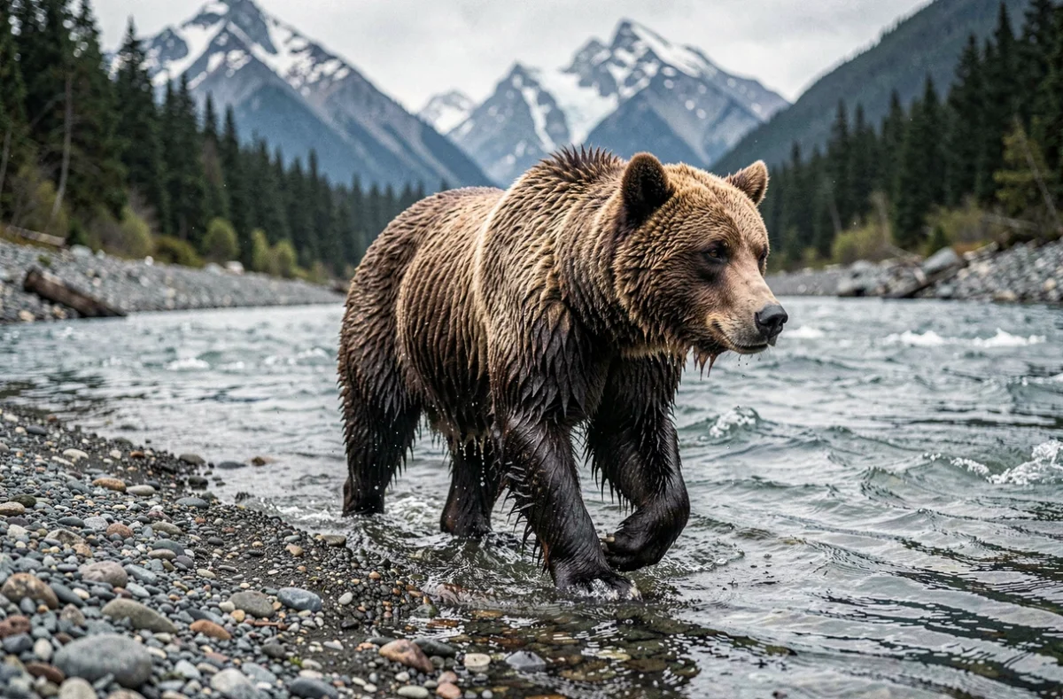 Grizzly traversant une rivière glaciaire en Colombie-Britannique, montrant la dépendance de l'ours grizzly aux écosystèmes aquatiques et aux zones sauvages reculées