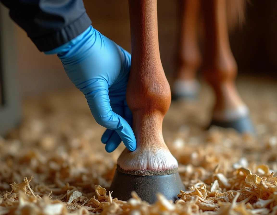 Gros plan sur un engorgement visible du boulet d'un cheval alezan avec test du godet réalisé par une main gantée