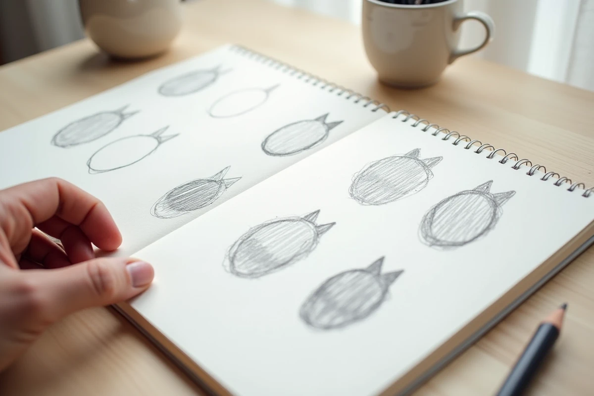 Gros plan d'un carnet de croquis avec les étapes de dessin d'un loup mignon en formes simples et rondes au crayon