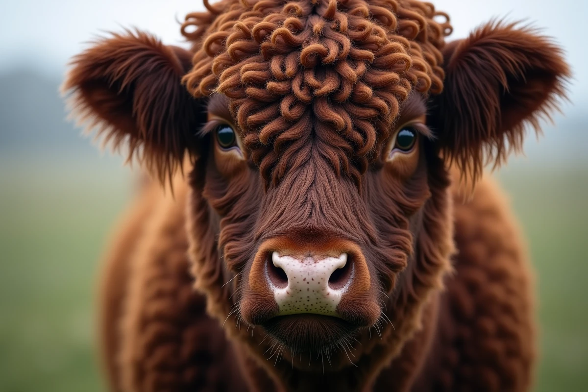 Gros plan sur le visage d'une vache fluffy au pelage bouclé et duveteux, avec des gouttelettes de rosée sur les poils, portrait macro très détaillé