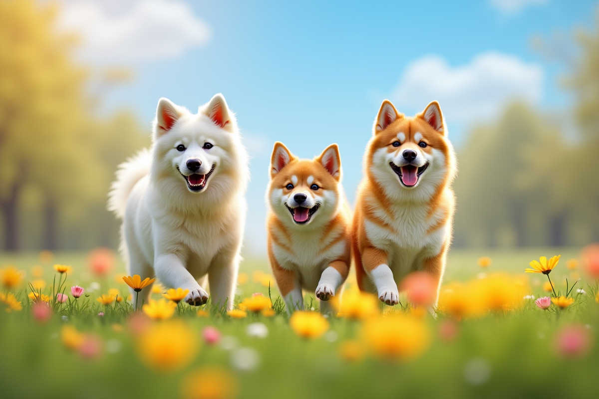 Groupes de chiens variés jouant dans un parc fleuri