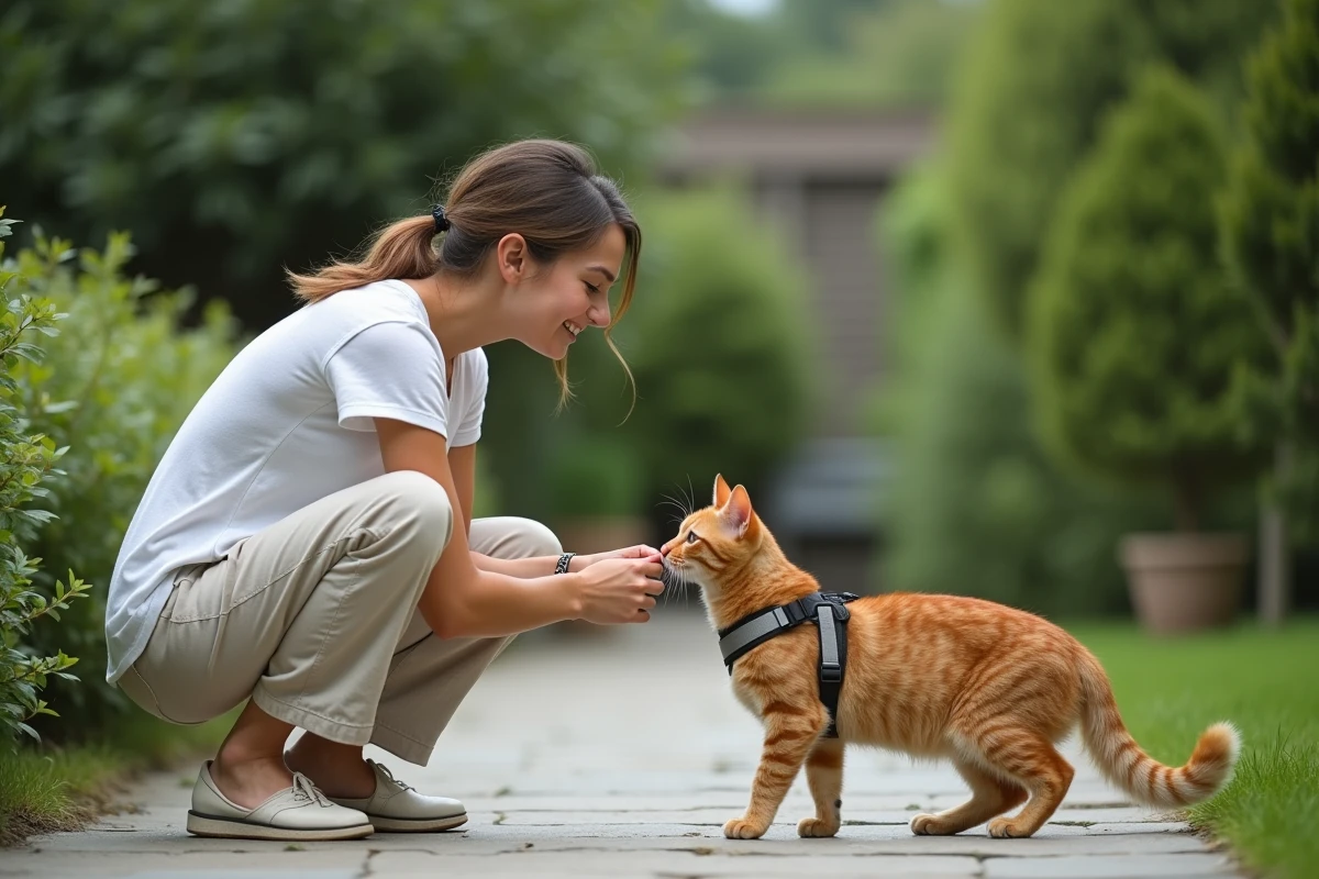 Jeune femme qui habitue son chat roux à porter un harnais anti-évasion dans le jardin, technique de désensibilisation douce