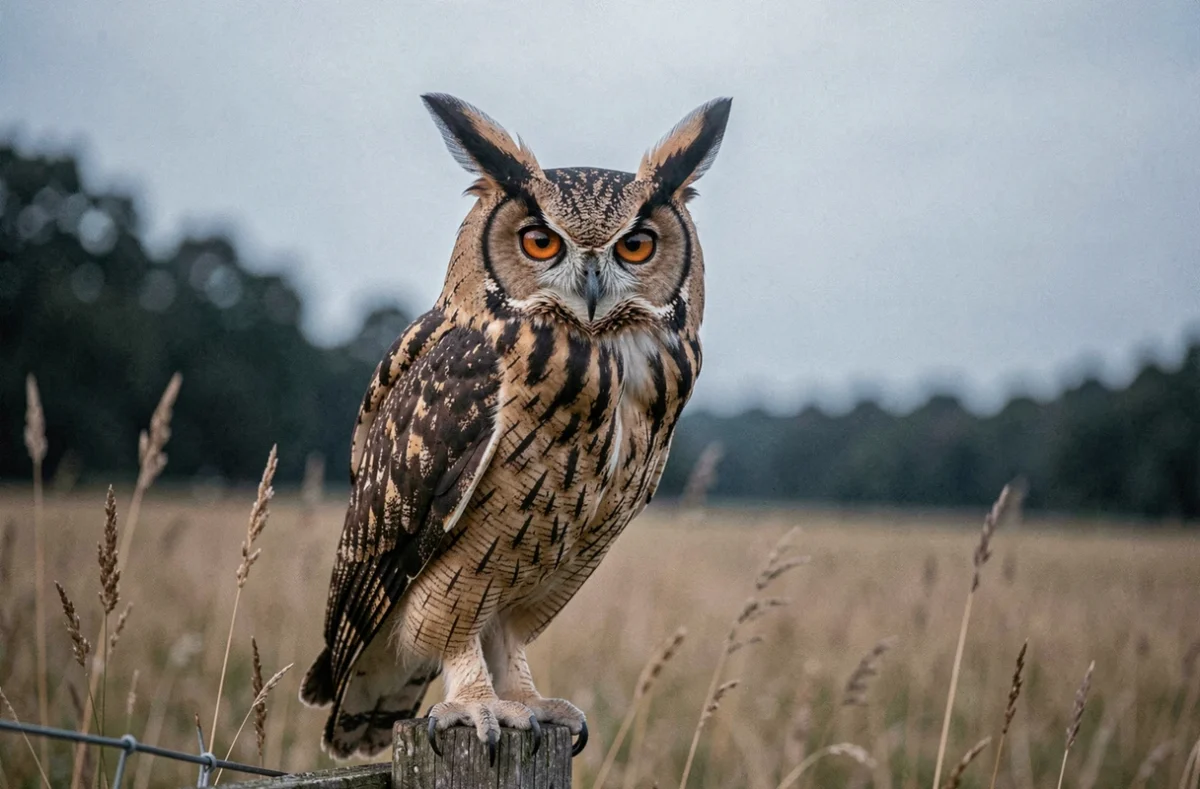Hibou moyen-duc posé sur un poteau en bois avec ses aigrettes bien visibles, montrant la caractéristique distinctive du hibou par rapport à la chouette