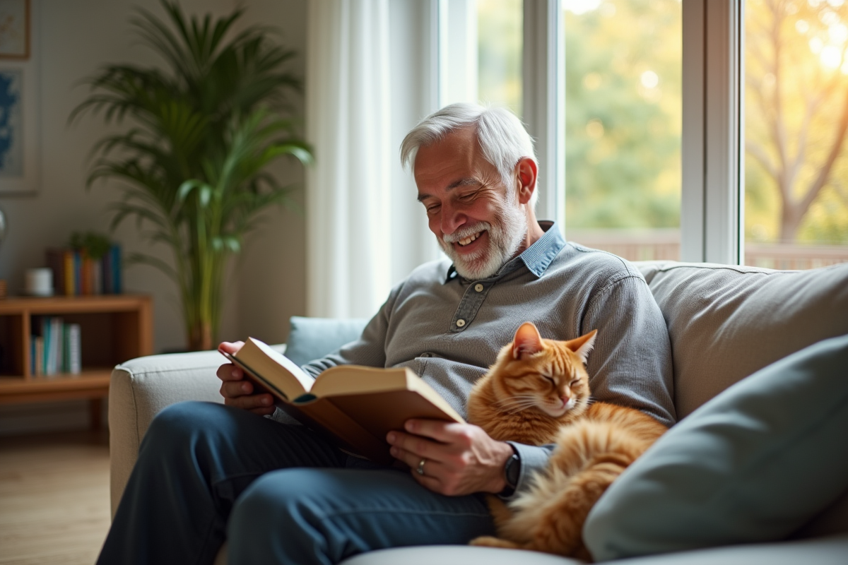 Homme âgé lisant avec son chat sur les genoux dans un salon lumineux