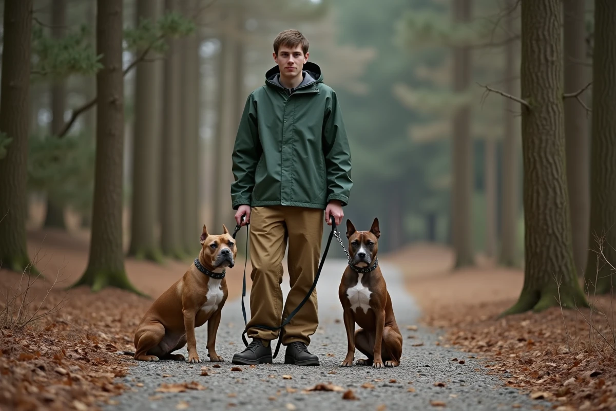 Homme avec deux chiens en forêt lors d