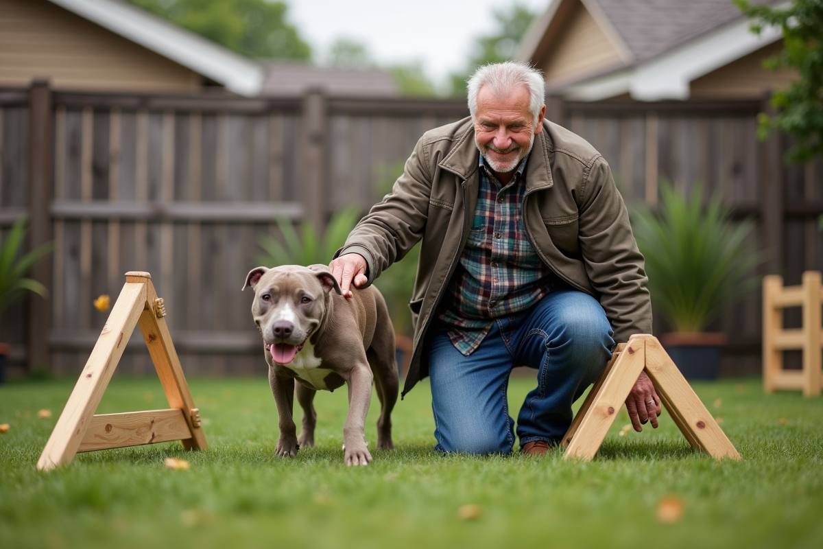 Homme fiere avec son pitbull après un saut d