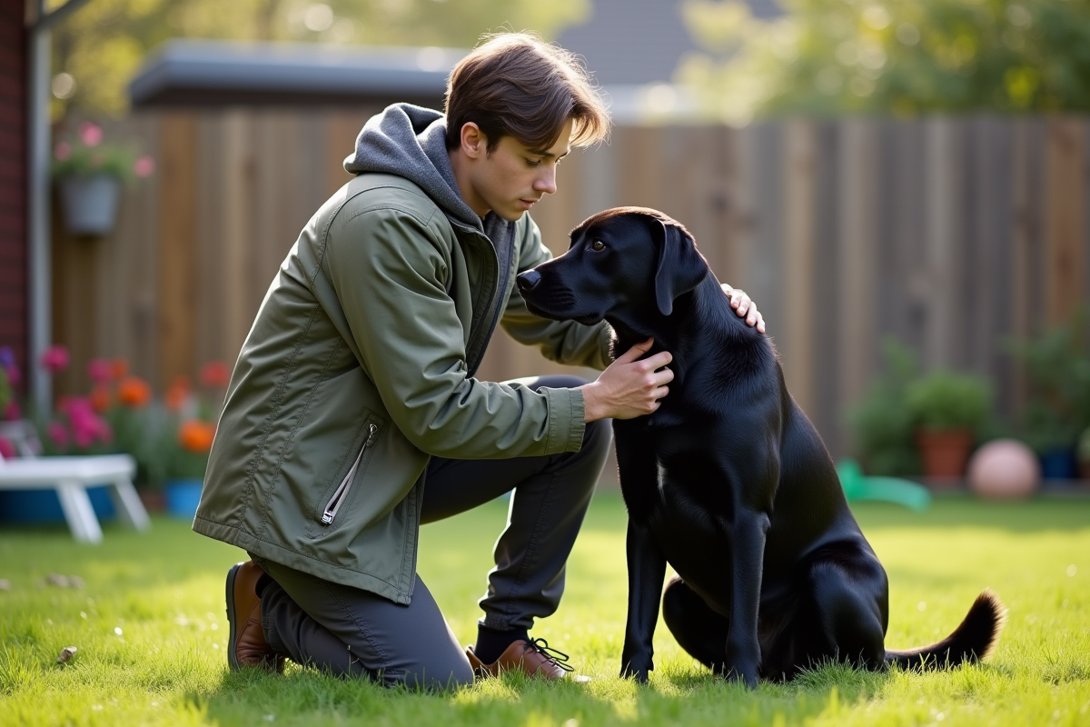 Jeune homme brossant un labrador dans le jardin