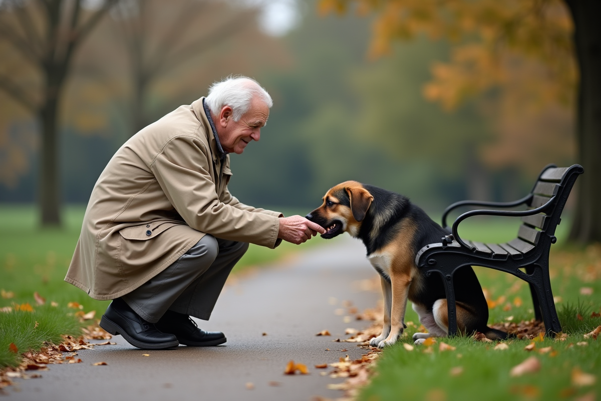 Homme âgé tendant la main à un chien dans un parc