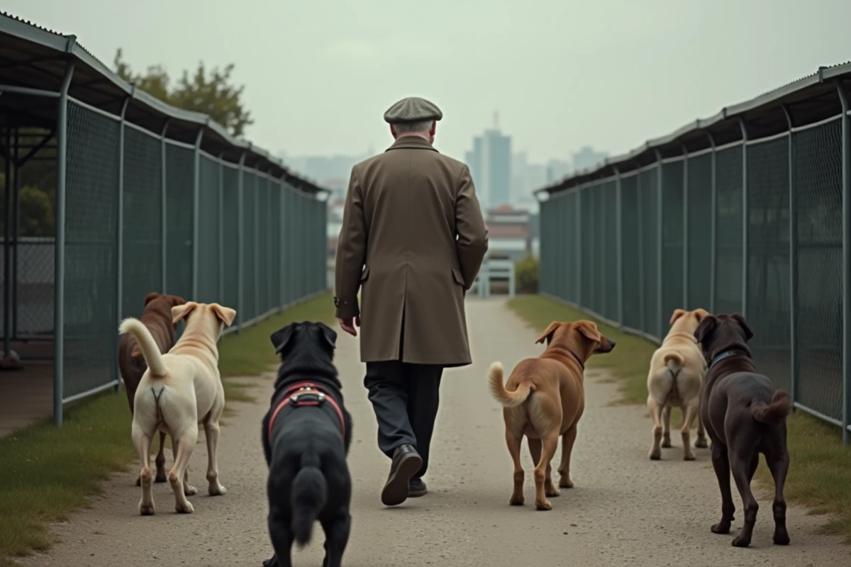 Homme âgé observant des chiens dans un refuge extérieur