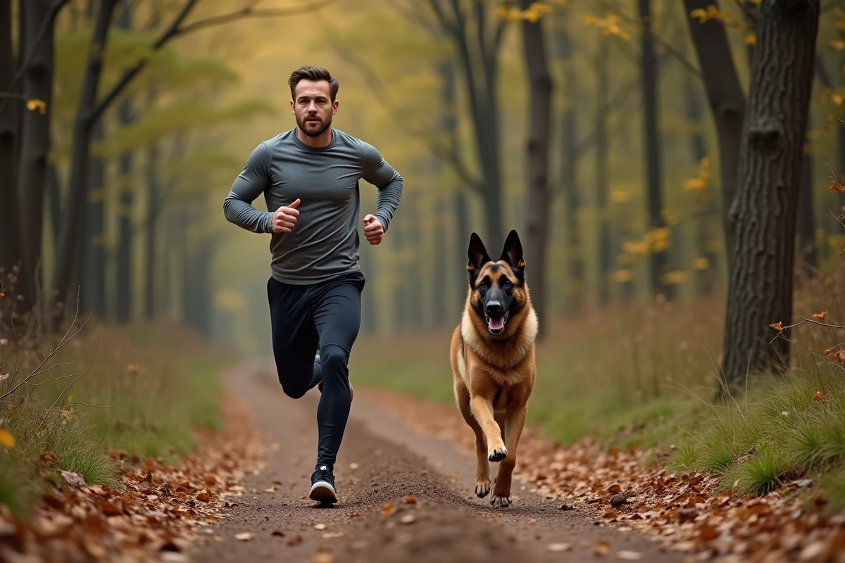 Homme courant avec son croisé Malinois Berger allemand sur un sentier forestier en automne