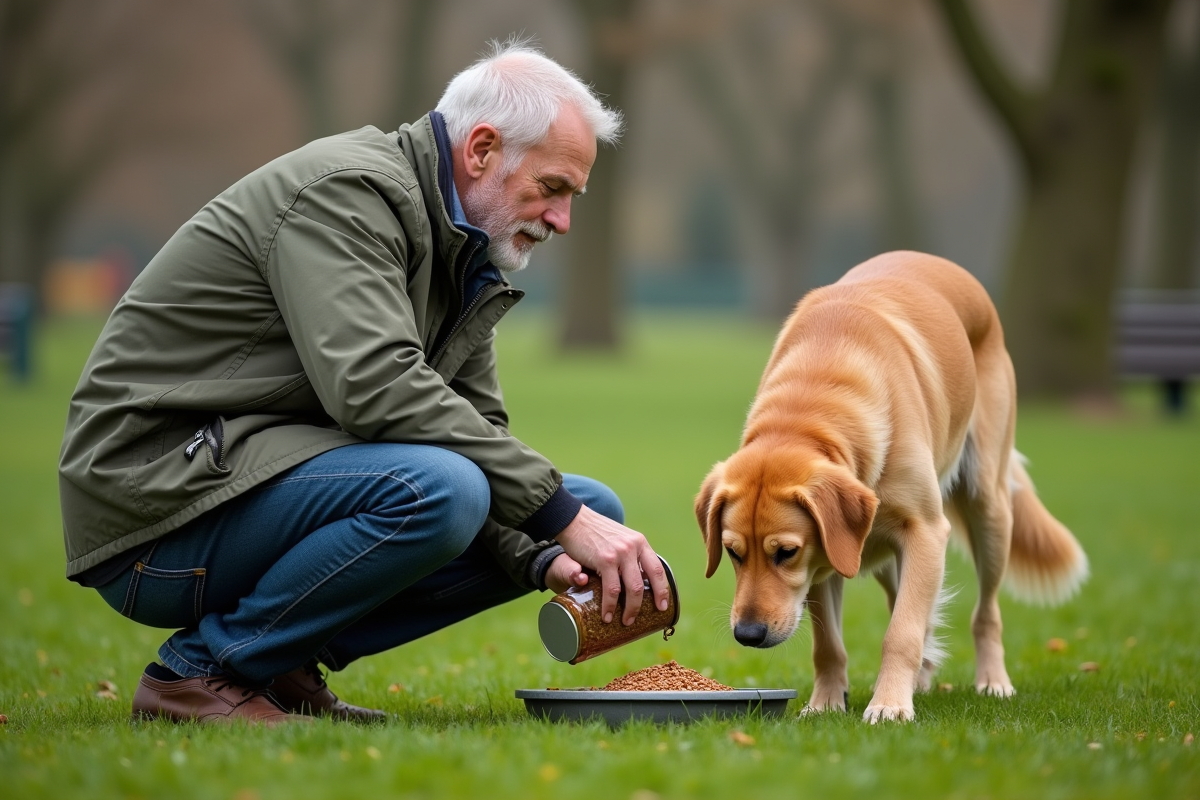 Homme donnant des céréales à son chien dans un parc