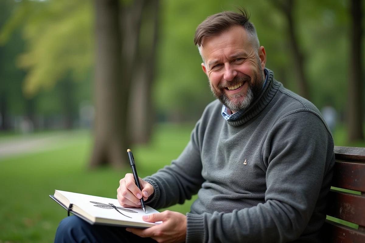 Homme au parc dessinant un tatouage dragonfly dans un carnet