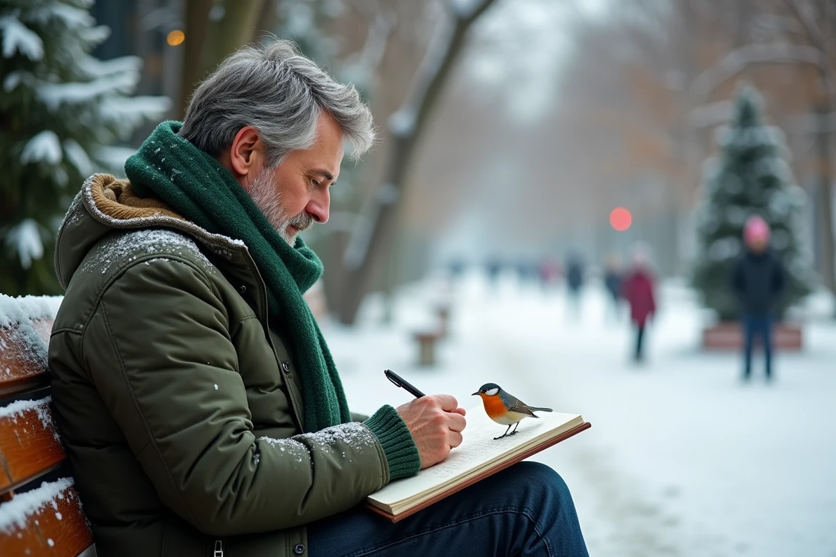 Homme esquissant un robin dans un parc enneige