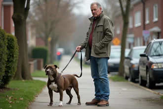 Homme en jeans avec un pitbull dans un quartier calme