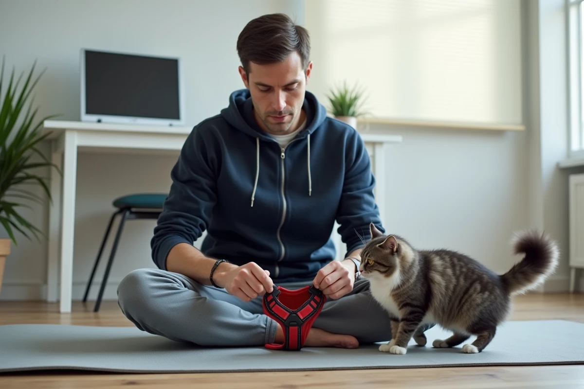 Homme tenant un harnais ouvert au sol pendant que son chat gris le renifle avec curiosité dans un bureau à domicile