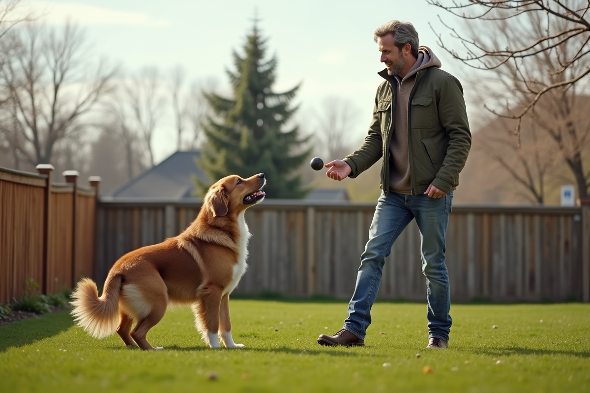 Homme en jardin avec chien jouant dans le parc