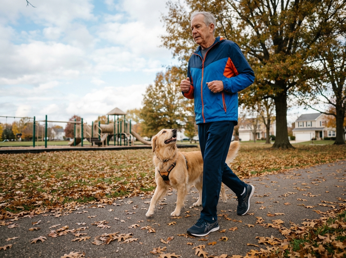 Homme actif marchant avec son chien dans un parc automnal