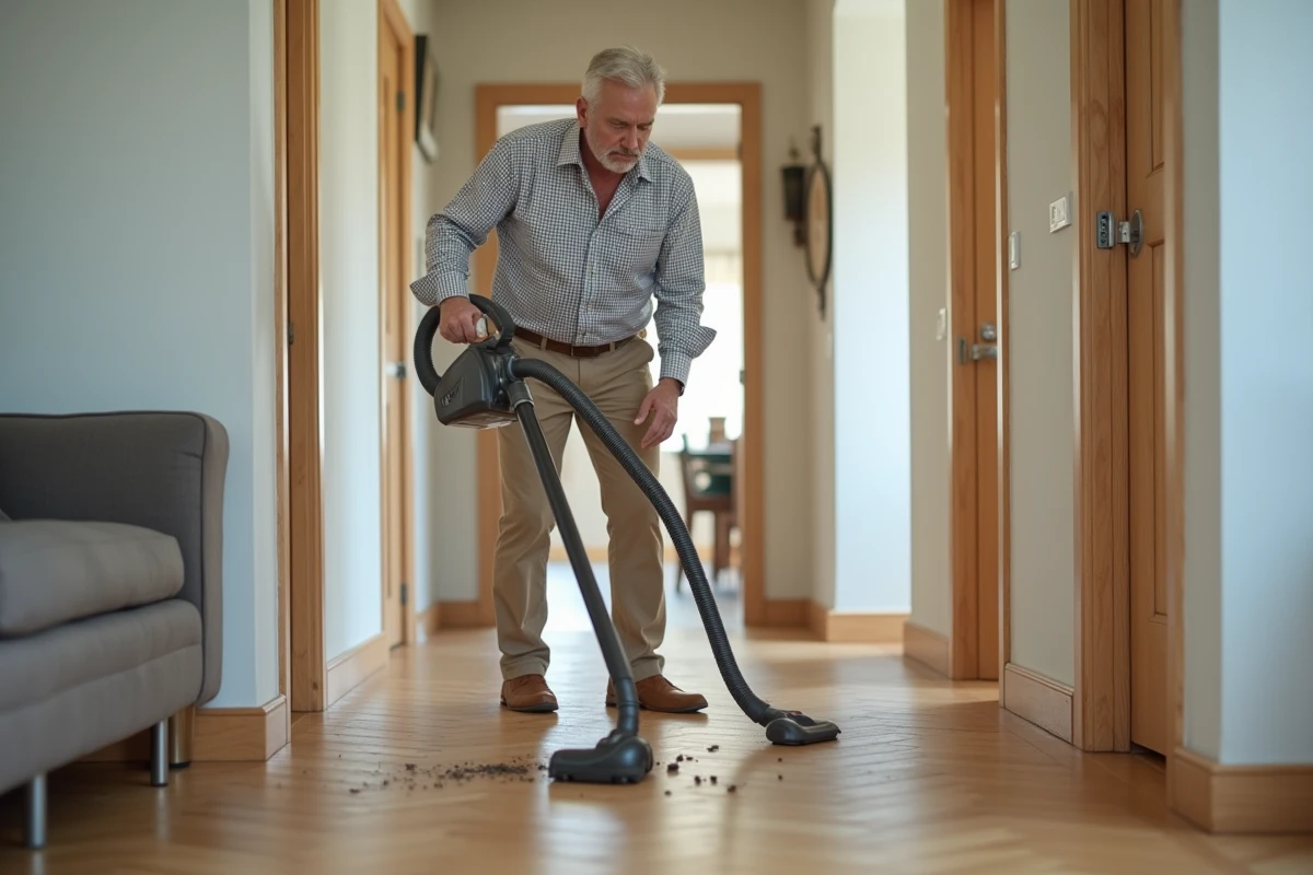 Homme utilisant un petit aspirateur sur le sol en bois