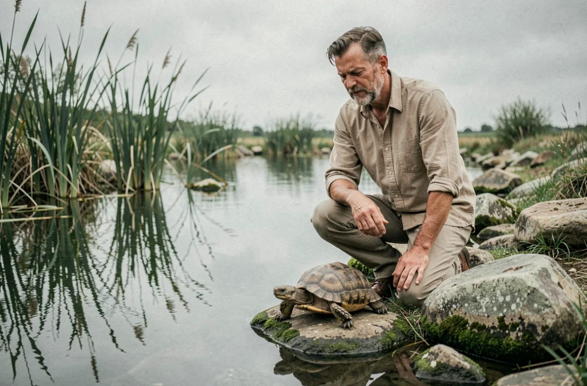 Homme observant une tortue au bord d'un étang, découverte de l'animal totem tortue dans la nature