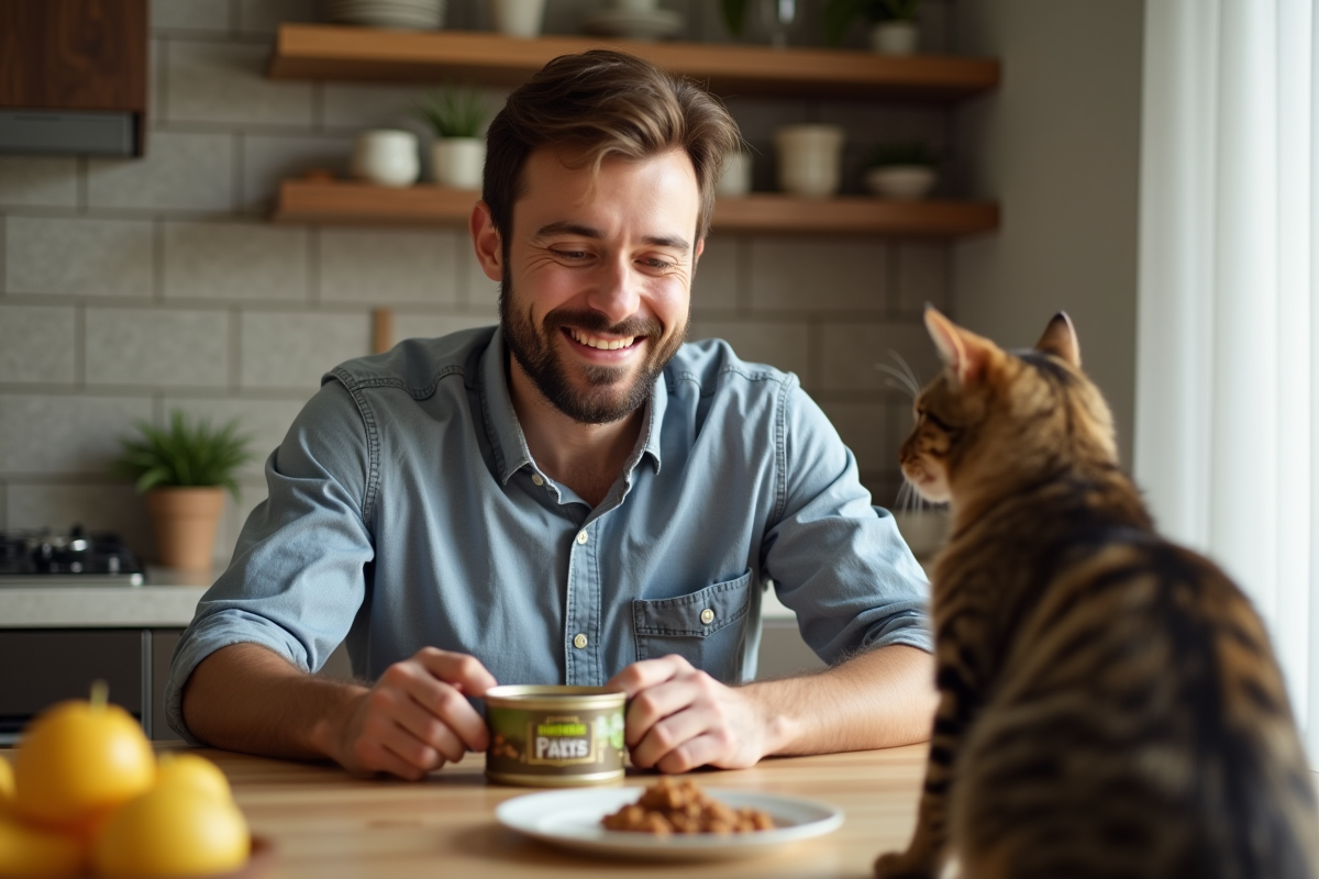 Homme ouvre une conserve de pâté pour chat avec son chat à côté
