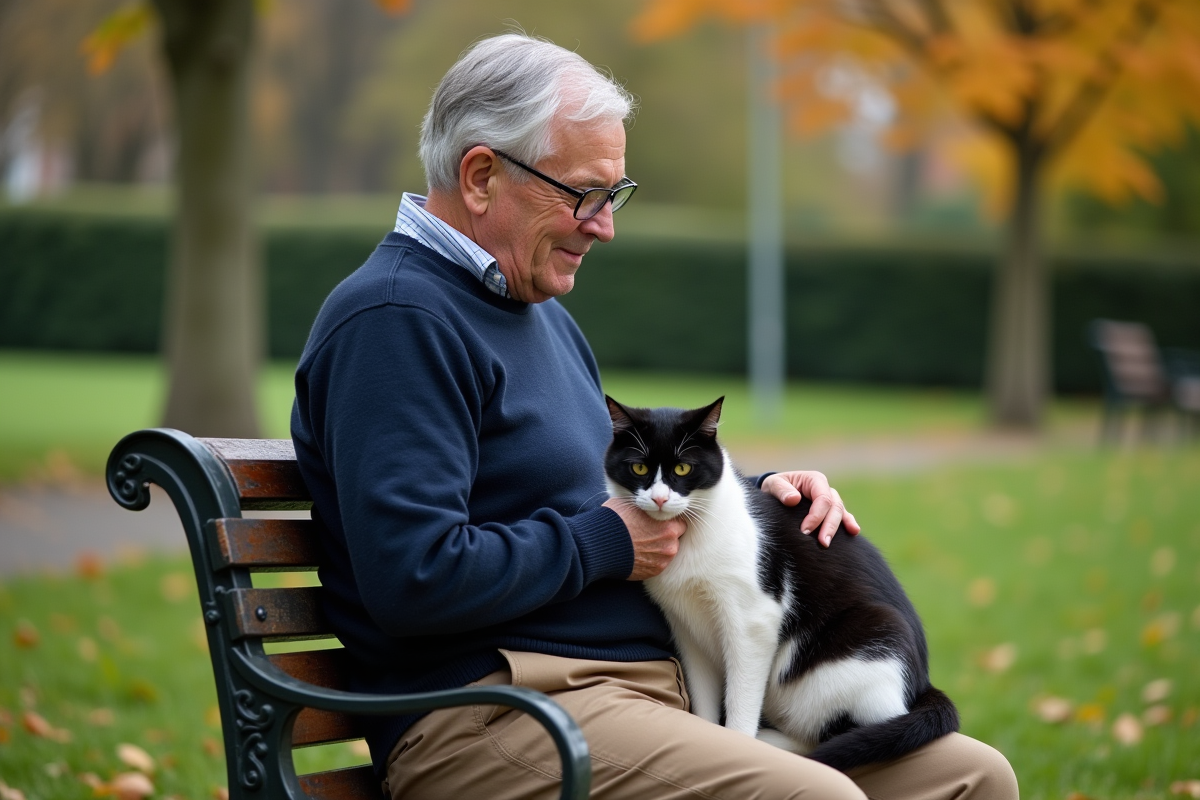 Homme âgé caressant un chat noir et blanc sur un banc dans un parc