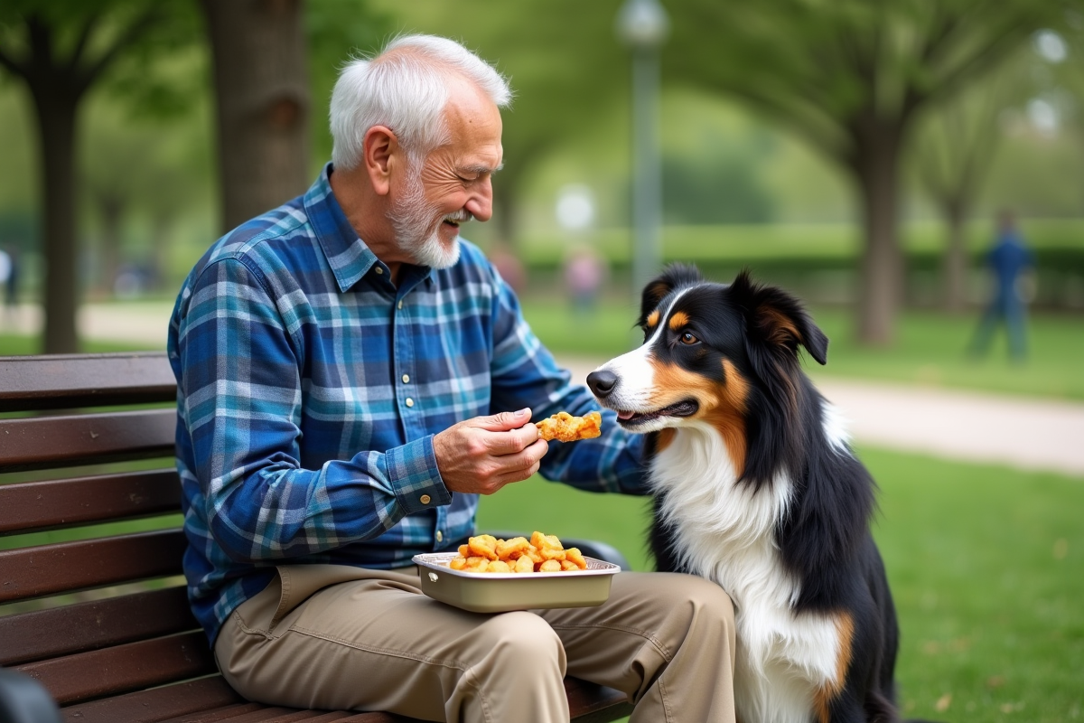 Homme partageant un repas avec son chien dans un parc vert
