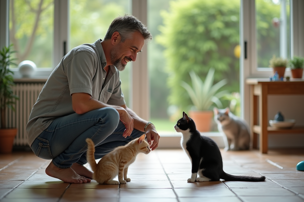 Homme calme observe chatons dans la véranda