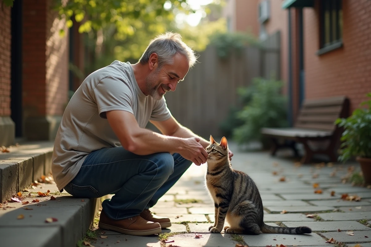 Homme souriant caressant un chat dans une cour urbaine