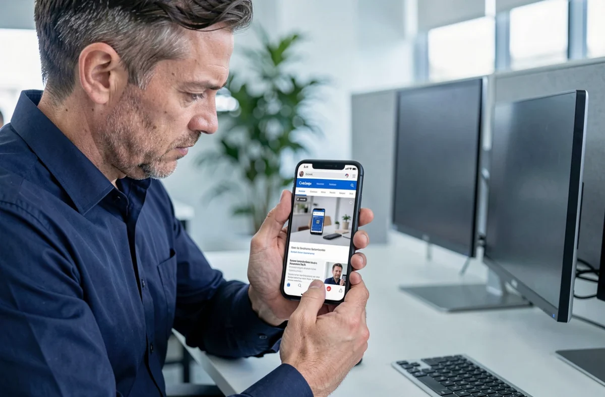 Homme d'affaires vérifiant la sécurité d'un site e-commerce sur son smartphone au bureau