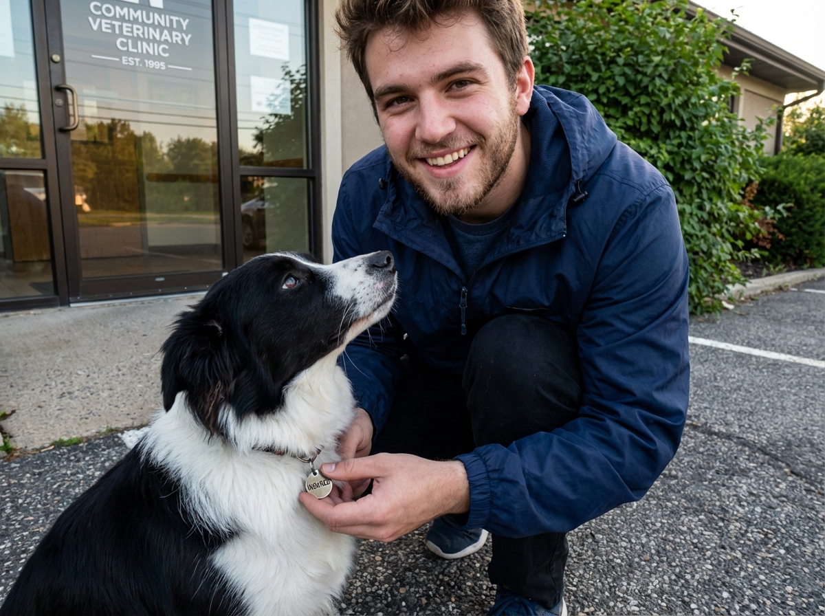 Homme avec son chien collie devant une clinique veterinaire