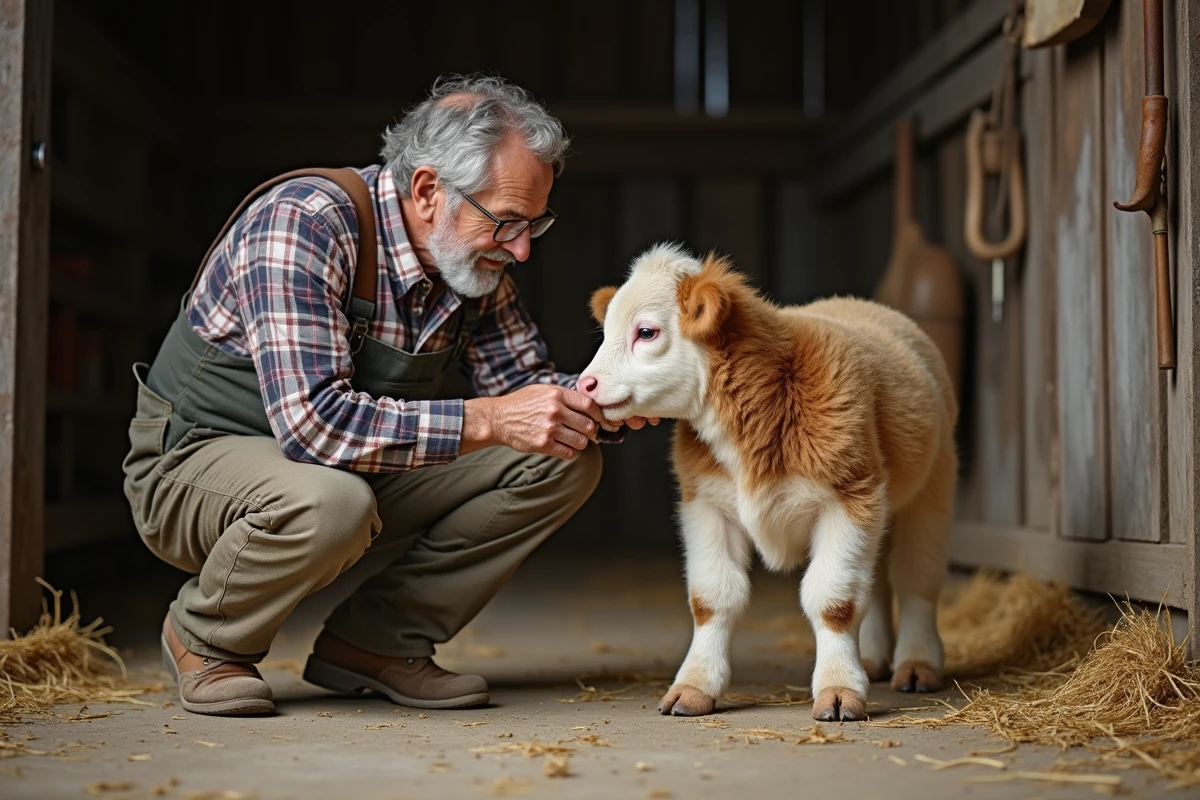 Homme âgé inspectant une mini vache dans une ferme intérieure