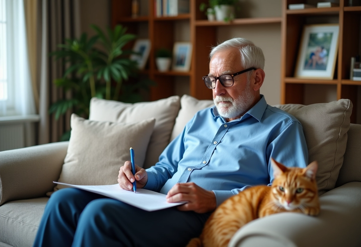 Homme âgé avec chat sur le canapé en train de remplir des papiers
