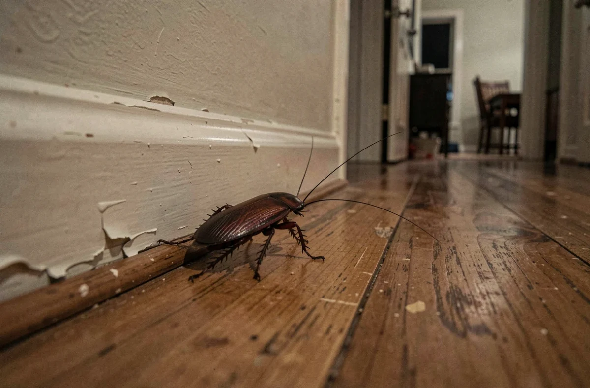 Insecte brun aplati ressemblant à un cafard longeant une plinthe en bois dans un couloir la nuit