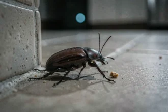 Gros plan d'un insecte ressemblant à un cafard sur le sol carrelé d'une cuisine la nuit